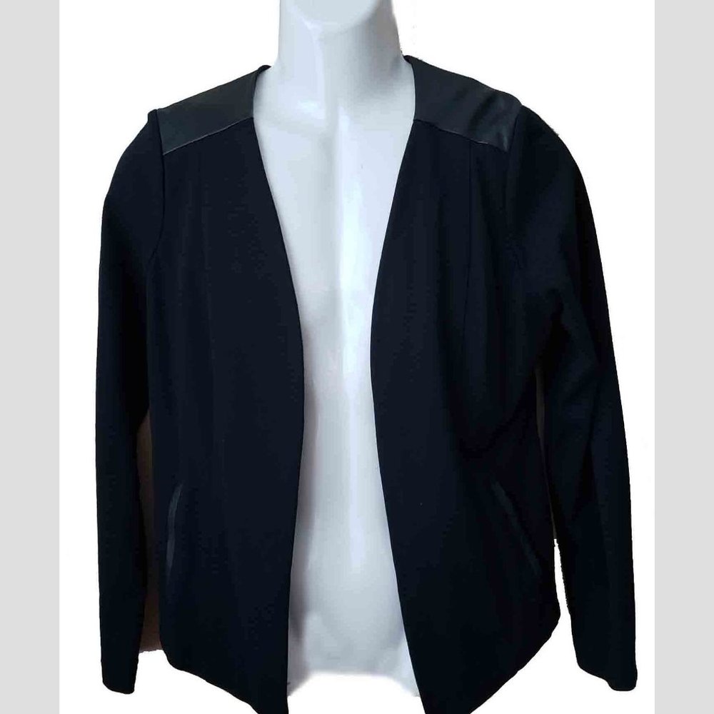 Eileen Fisher Black Open Front Jacket Leather Trim Women's Size M